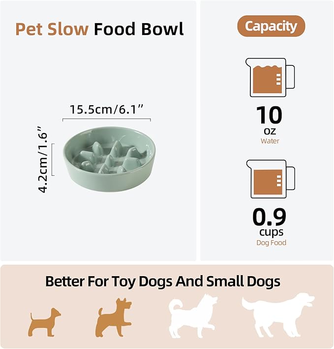 Ceramic 0.9 Cup Dog Bowl Slow Feeder, 6.1inch Slow Pet Food Dish for Small Dog and Cat, Stop Bloat, Preventing Choking(Single Bowl, Light Green)