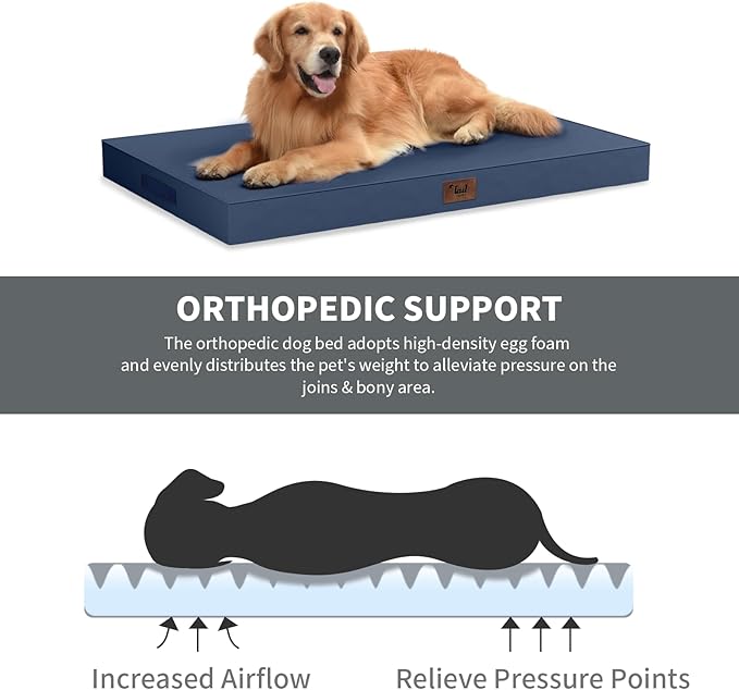 Outdoor Dog Bed for Medium Dogs, Waterproof Dog Crate Mat Orthopedic Egg Crate Foam Pet Bed with Washable Removable Oxford Cover, Navy