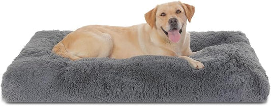 Bedfolks Waterproof XXL Dog Crate Bed, Plush Pad with Removable Cover, Faux Fur, Washable Kennel Bed 47"x29", Dark Grey