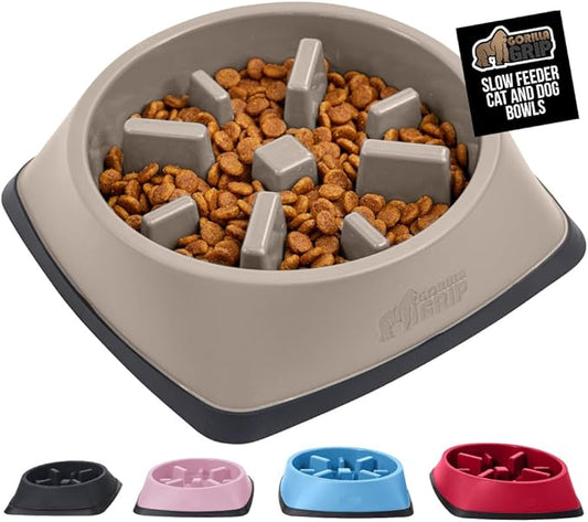 GORILLA GRIP Patented BPA Free Slow Feeder Dog Bowls, Interactive Puzzle Toy for Dogs and Cats Food Training Enrichment, Keeps Pets Busy and Prevents Puppy Overeating, Small Breeds, 1 Cup, Beige