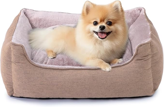 Makigued Rectangle Dog Bed for Small Dogs Washable Pet Bed with Bolster Sides Non-Slip Bottom Pet Sofa Waterproof Lining Durable Pet Cuddler, Light Brown, 21x 16x 6.3 in