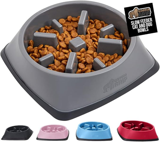 GORILLA GRIP Patented BPA Free Slow Feeder Dog Bowls, Interactive Puzzle Toy for Dogs and Cats Food Training Enrichment, Keeps Pets Busy and Prevents Puppy Overeating, Small Breeds, 1 Cup, Gray