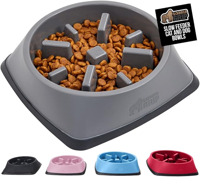 GORILLA GRIP Patented BPA Free Slow Feeder Dog Bowls, Interactive Puzzle Toy for Dogs and Cats Food Training Enrichment, Keeps Pets Busy and Prevents Puppy Overeating, All Breeds, 2 Cup, Gray