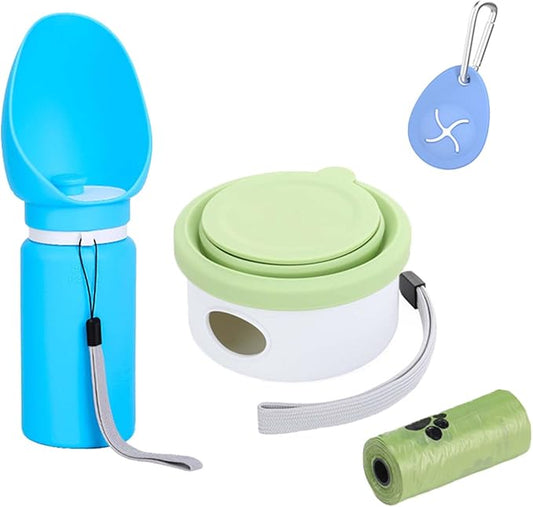 The Foldable Dog Water Bottle and 3-in-1 Snack and Garbage Bag Storage Box are The First Choice for Outdoor Activities, Equipped with 1 roll of Garbage Bags and a Garbage Hanging Ring.