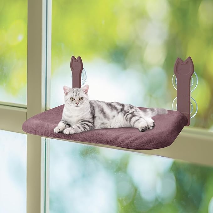 2 Pack Cat Window Perch,Cat Window Hammock Cordless Foldable Window Bed with 4 Large Strong Suction Cup,Reversible Cushion Cover,Metal Frame Easy to Adjust Window Seat Holds up to 40lbs(Brown，M)
