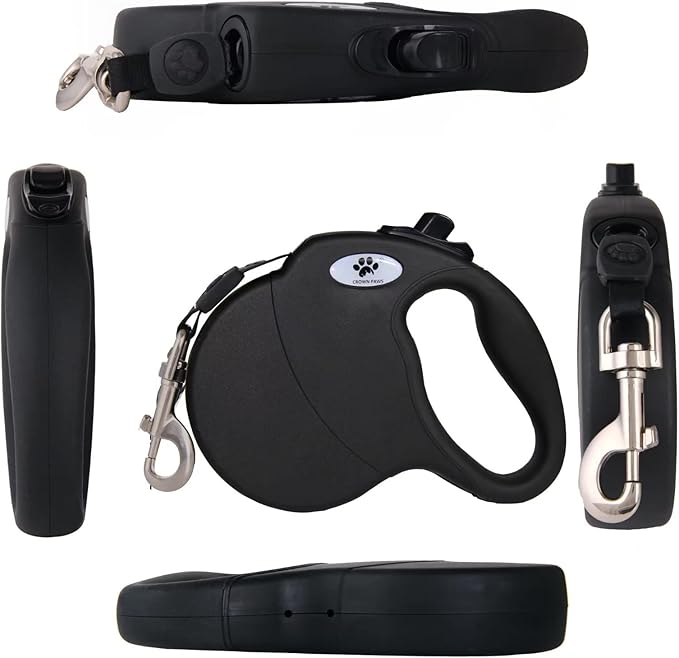 16ft Retractable Dog Leash for Medium Breed Dogs up to 44 lbs with a Detachable Chew Proof Extender Wire Ropes (Black M)