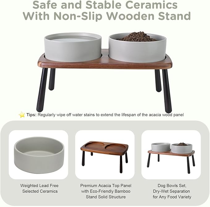 SPUNKYJUNKY Ceramic Elevated Dog Bowls Raised with Acacia Bamboo Wooden Stand, 8.3'' Dog Food Water Bowls Set Non-Slip for Medium Large Sized Breed Microwave Dishwasher Safe - 60 OZ,Grey