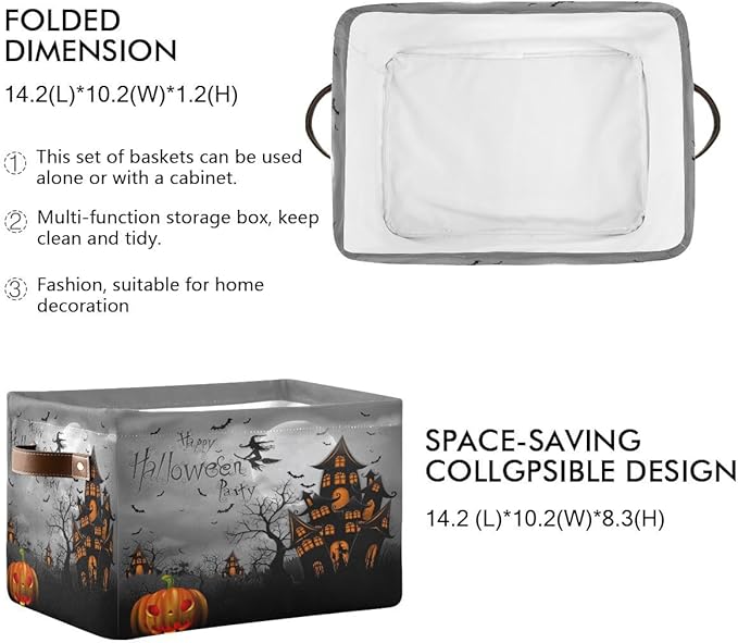 Halloween Spooky Witch Castle Storage Basket Fabric Kitchen Baskets Black Bat Ghost Pumpkin Open Home Storage Bins Boxes Foldable for Candy Toy Decorations Baskets 16×12×8 Inches