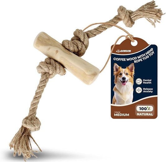 Coffee Wood Tug for Dogs, Medium Toys Made of Real Coffee Wood and Hemp Rope - 100% Natural - Real Wood Chew Stick, Stress Relief, Training and Rewards