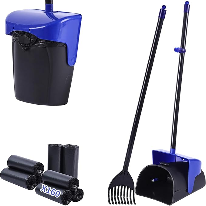 Pooper Scooper Large Swivel Bin & Rake with 160 Waste Bags,Heavy Duty Dog Pooper Scooper with Bag Attachment for Large Small Dogs, Long Handle Poop Scooper with Lid for Yard, Grass, Gravel (Blue)