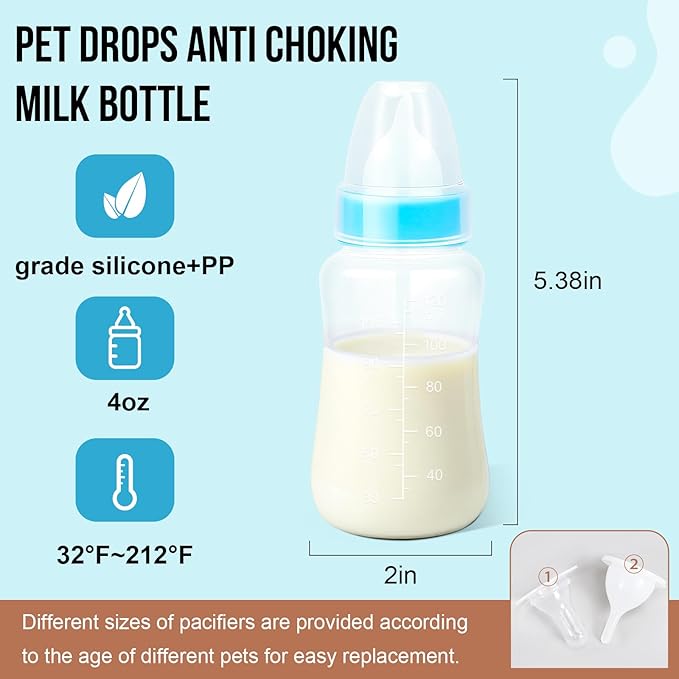 Puppy Kitten Nursing Bottle 4oz - Small Animal Feeding Kit with Nipples | Hand Feeding Supplies for Puppies, Kittens, Rabbits, Ferrets & Newborn Pets