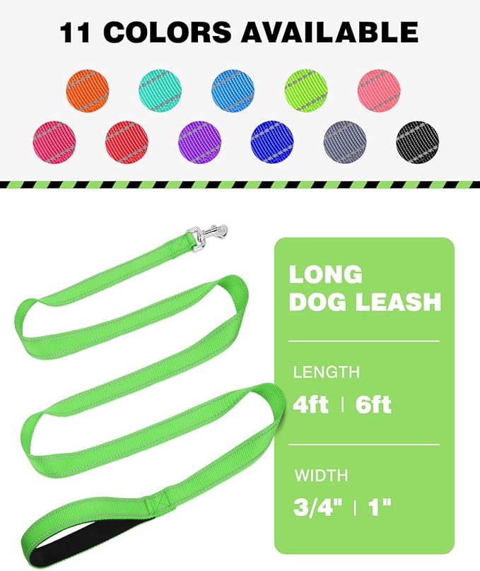 Reflective Dog Leash 6ft Soft Padded Handle Nylon Lead for Small & Medium Dogs, Durable Walking Training Leash for Night Safety (Green,3/4Inch Wide)