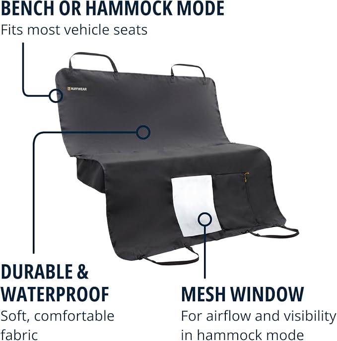 Ruffwear, Dirtbag Dog Car Seat Cover, 300D Heavy Duty Waterproof Scratch Proof Nonslip Hammock or Bench, Durable Machine Washable, Back Seat Protector for Cars, SUVs & Trucks, Basalt Gray