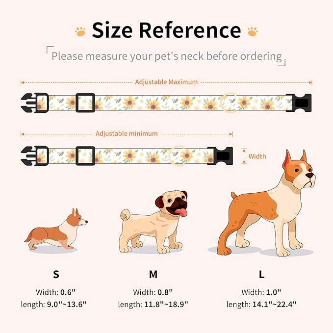 Cotton Dog Collar,Adjustable Cute Puppy Collar with Moon Patterned Design for Small Medium Large Dogs,Soft and Fancy Pet Collar with Safety Buckle for Girl Boy Dogs (Yellow Sunflower, L)