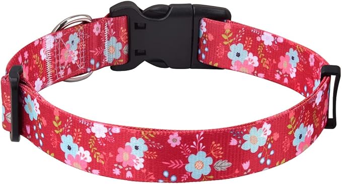 Dog Collar with Bohemia Floral Tribal Geometric Patterns - Soft Ethnic Style Collar Adjustable for Small Medium Large Dogs(Red Flower,S)