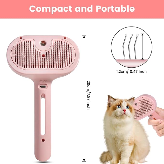 Steam Brush for Shedding Pets - Self-Cleaning Grooming Comb with Water Tank for Long & Short Haired Cats and Dogs (Pink)