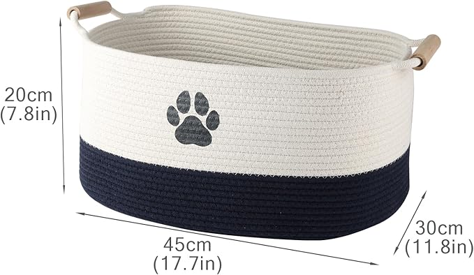 Geyecete Dog toy basket dog toy bin Woven Storage Baskets for Dog Cat Dog Toy Box Sturdy Reinforced Handles with Paw Print basket-Beige/Dark Blue