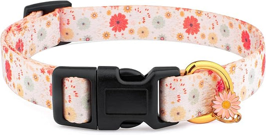 Cotton Handmade Dog Collar for Small Medium Large Dogs,Beige Daisy with Pendant Cute Dog Collars (Large)