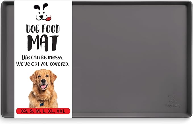 DogBuddy Dog Food Mat – Waterproof Dog Bowl Mat for Food and Water, Silicone Pet Feeding Mats for Floors, Non-Slip Placemat with High Edges for Dogs Bowls, Puppy Essentials (L: 24" x 16", Shadow)