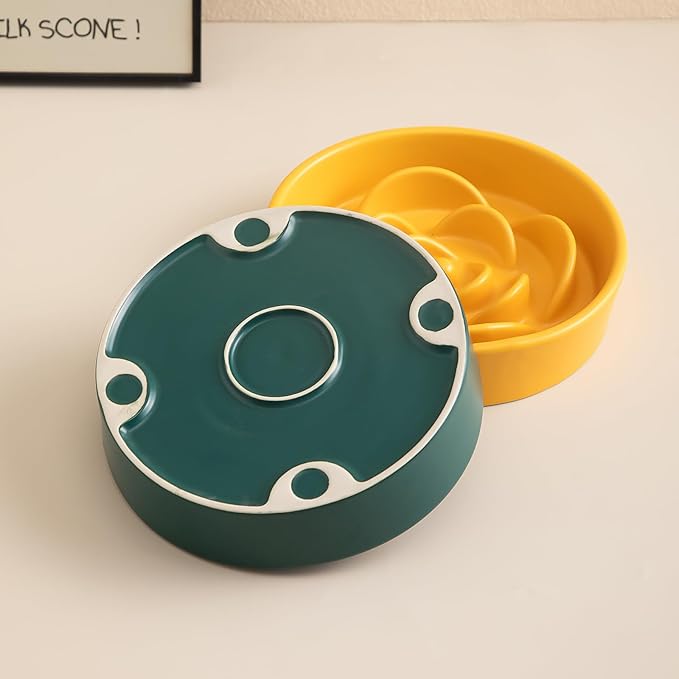 8.25'' Ceramic Slow Feeder Dog Bowls - Petal Shape Modern Dog Food Dish for Medium and Large Breeds, Puzzle Maze Bowl to Slow Down Eating, Anti-Gulping, Dishwasher & Microwave Safe, Green