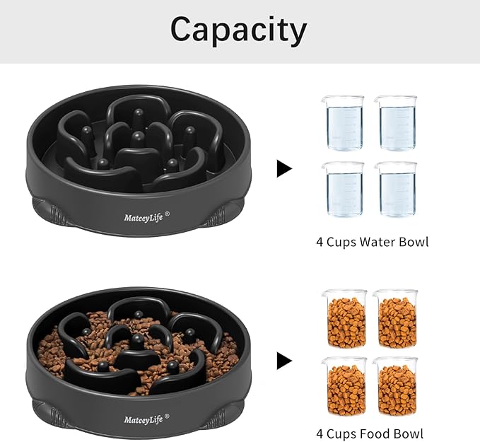 MateeyLife Large Slow Feeder Dog Bowls, Anti-Choking Puzzle Dog Food Bowls, Anti-Slip Interactive Feeding Slow Down Eating, Bloat Stop Maze Dishes for Large Breeds 4 Cups Black