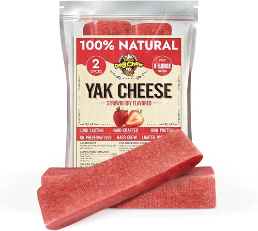 Tibetan Yak Cheese Dog Chew Sticks (2 XL Chews) Strawberry Flavored - Natural, Handmade, Long-Lasting, Easy to Digest, Ideal for Extra Large Dogs and Aggressive Chewers, Rawhide, Grain and Gluten Free