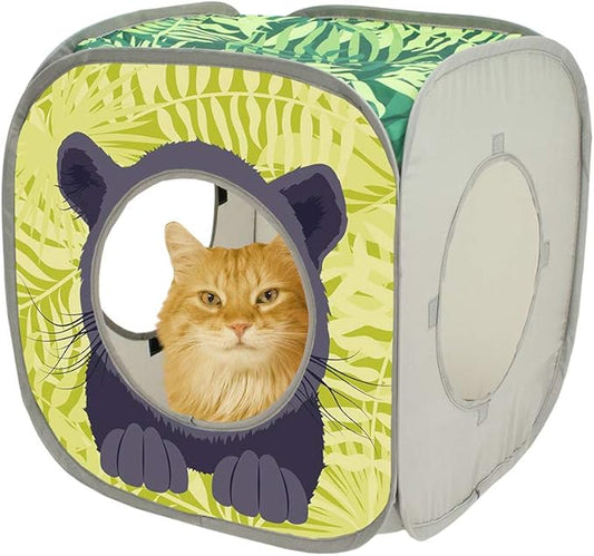 Kitty City Safari Jungle Pop-Up Cat Cube, Collapsible Indoor Cat Hideout & Play Cube with Peekaboo Openings, Easy Storage, 15” x 15” x 15”