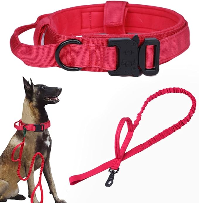 Xqpetlihai Tactical Dog Collar and Leash Set Adjustable Military Nylon Dog Collar with Control Handle and Heavy Duty Metal Buckle for Large Dogs（Red XXL