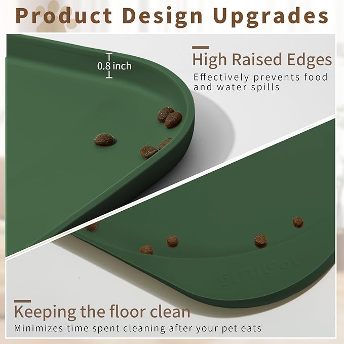 Silicone Pet Food Mat with Raised Edge for Food and Water Bowl, Dog Feeding Mats, Cat Food Trays for Floor Waterproof, Rubber Tray for Dogs and Cats, 24 x 16 x 0.8 Dark Olive