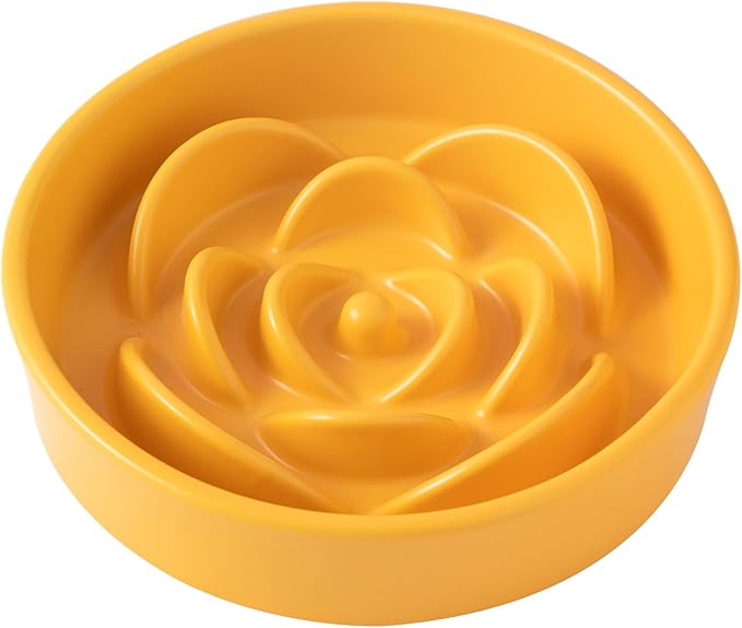 8.25'' Ceramic Slow Feeder Dog Bowls - Petal Shape Modern Dog Food Dish for Medium and Large Breeds, Puzzle Maze Bowl to Slow Down Eating, Anti-Gulping, Dishwasher & Microwave Safe, Yellow