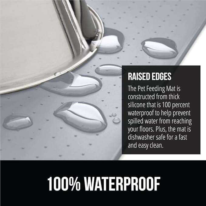 GORILLA GRIP 100% Waterproof Raised Edge BPA Free Silicone Pet Feeding Mat, Dog Cat Food Mats Contain Spills Protects Floors, Placemats for Cats, Dogs Water Bowl, Pets Accessories 16x10, Light Gray