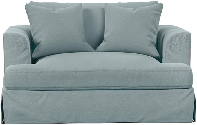 Sunset Trading Newport Slipcovered 52" Wide Chair and A Half with Ottoman | Liquid/Stain Resistant Ocean Blue Performance Fabric | Down-Filled Deep-Seated Oversized Living Room Armchair with 2 Pillows