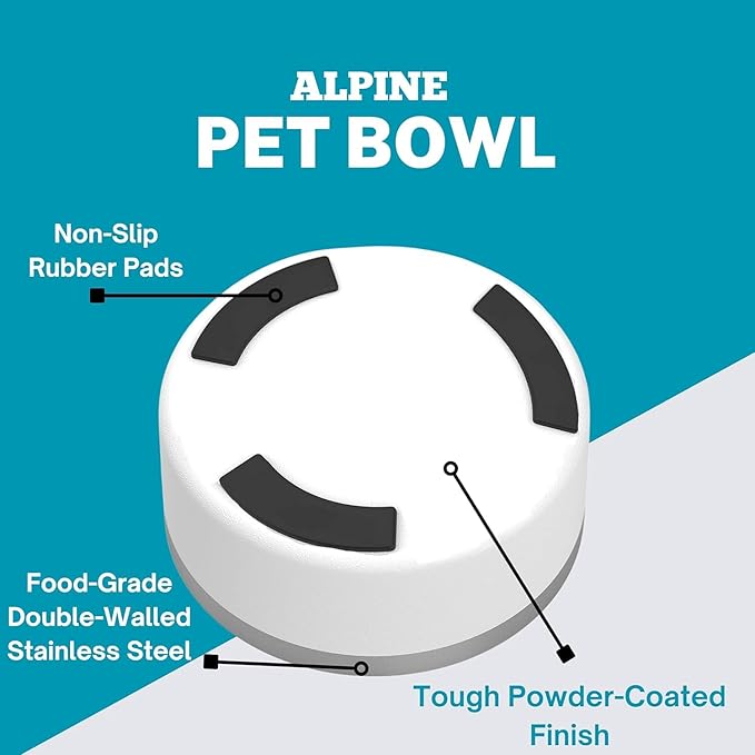 ALPINE Set of 2 Stainless Steel Dog Bowls, Non Slip, Metal Pet Bowl for Food and Water, Double Walled Insulated, Rustproof, Dishwasher Safe (64 oz, Black/White)
