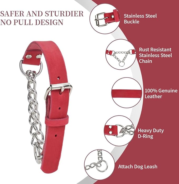 Martingale Collar for Dogs No-Pull Adjustable Training Collar with Stainless Steel Chain - Genuine Leather Anti-Slip Design for Small,Medium,Large Breed Dogs - Red (L)