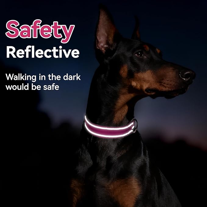 Reflective Dog Collar for Large Dogs, Wide Nylon Adjustable Collar with Soft Padding, Durable Buckle for Pitbull Labrador Retriever,Hotpink,L