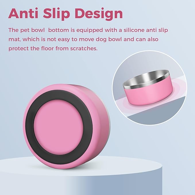 Dog Bowl, Stainless Steel Dog Food and Water Bowl with Non Slip Quiet Bottom, Easy to Clean, Dishwasher Safe, 64oz, Pink