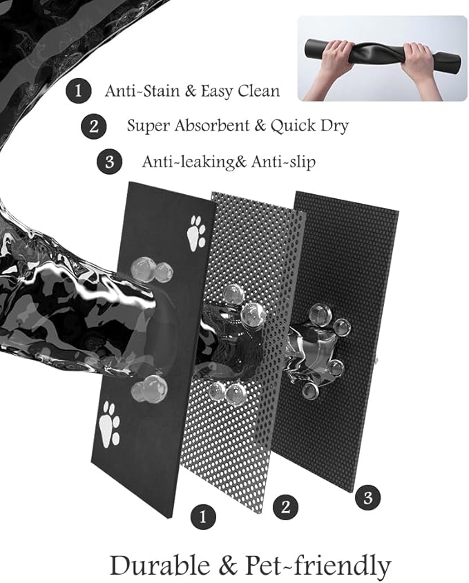 Pet Feeding Mat-Absorbent Dog Mat for Food and Water Bowl-No Stains Quick Dry Water Dispenser Mat-Dog Accessories Pet Supplies-Bowl for Messy Drinkers（Black,23"x34"