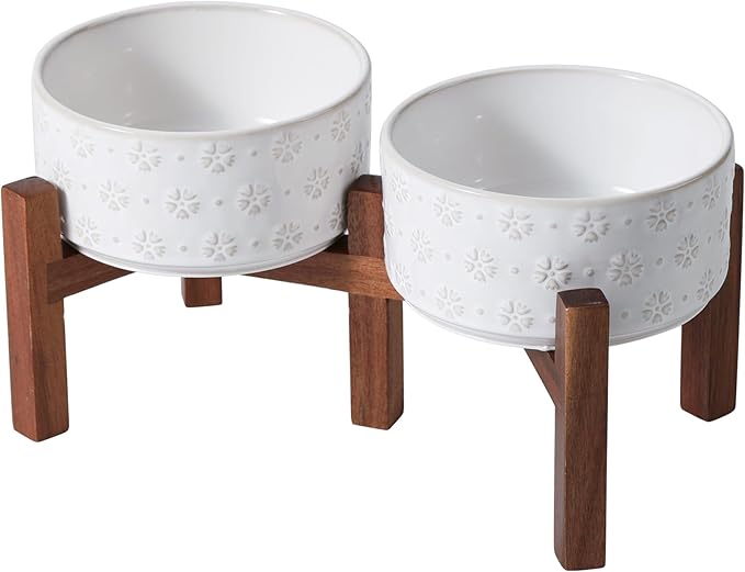 6.1inch Ceramic Raised Double Bowls Set with Acacia Wood Stand, 2 Heights Elevated, Food & Water Bowls for Small Breed Dogs, Weighted Dog Dishes, Pet Bowl(27oz, Arctic White)