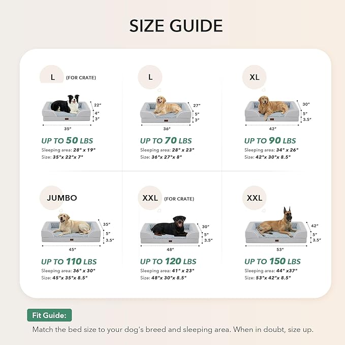 Orthopedic Dog Beds for Large Sized Dogs, Waterproof Memory Foam Large Pet Bed with Sides 35x22Inch, Non-Slip and Egg-Crate Foam Big Dog Couch Bed with Removable Washable Cover, Light Grey