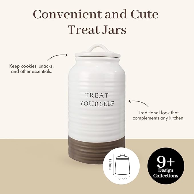 Young's Inc. Ceramic Cookie Jar - Cute Kitchen Counter Storage Canister with Lid - Perfect for Cookies, Coffee, Tea, Candy, Dog Treats, and More - Treat Yourself - White, Brown