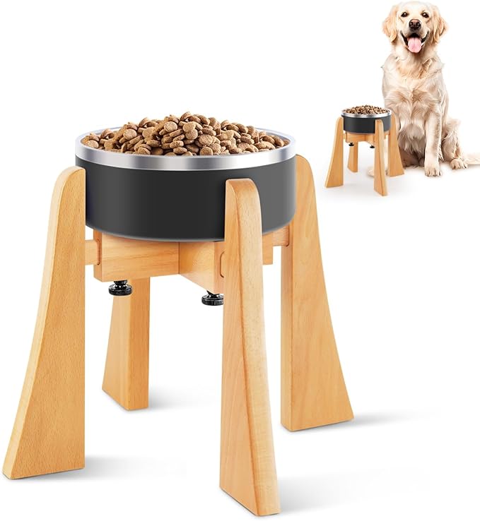 Beech Dog Bowl Stand for Medium Large Dogs,Elevated Feeder Large Breeds,Raised Bowl Stand，Adjustable Width for Different Bowls,Feeding Station with Non-Slip Feet (10-inch High with Bowl)