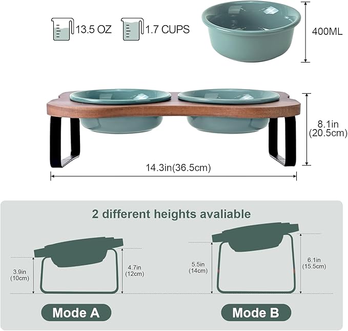 SPUNKYJUNKY Ceramic Elevated Tilted Dog Bowls Bone-Shaped Raised with 2 Height Iron Stand, 5.9'' Dog and Cat Food Water Bowls Set Non-Slip for Small Sized Breed - 13.5 OZ,Dark Green