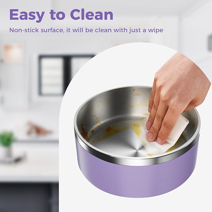 Dog Bowl, Stainless Steel Dog Food and Water Bowl with Non Slip Quiet Bottom, Easy to Clean, Dishwasher Safe, 64oz, Light Purple
