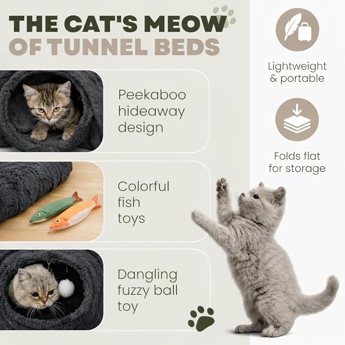 R1M Cat Tunnel Bed for Indoor Cats, Cute Cat Donut Tunnel Toys for Small, Larger Cats with Two Fish Cat Toys, Round Pet Peekaboo Cave Toy for Kitten, Dark Grey