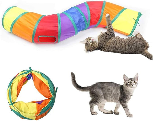 Andiker Cat Tunnel, S-Shape Cat Tube Collapsible Kitten Play Toy with 2 Side Holes for Kitten Exercising Hiding Training and Running Cats Toy for Indoor Cats(Multi-Colored)