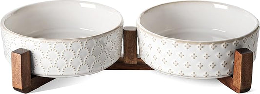 LE TAUCI Dog Bowl Set with Acacia Wood Stand - 1.5-Cup Ceramic Puppy Bowls for Small Dogs, Dual Food and Water Bowls with Weighted Non-Slip Base