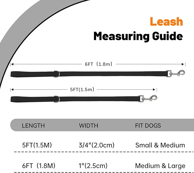Waterproof Dog Leash, 5/6 FT Durable Odor-Proof Dog Leashes with Strong Metal Hooks Fits Small Medium or Large Dogs (Black, 6FT - 1 inch Width)