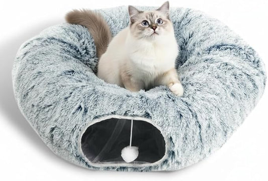 AUOON Cat Tunnel Bed for Indoor Cats - Large Cat Donut Tunnel with Hanging Ball Toy, Collapsible 2-in-1 Multifunctional Interactive Cat Toy for Kitten, Puppy, Rabbit, Ferret (Gray)