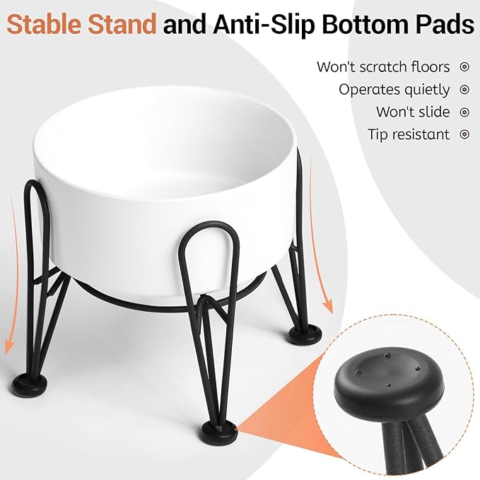 Elevated Dog Bowls, Ceramic Raised Dog Bowl Set with Anti-Slip and Non-Tip Metal Stand, 2 Pack Pet Food and Water Feeding Bowls for Small and Medium Dogs (White,7.6 Cups)