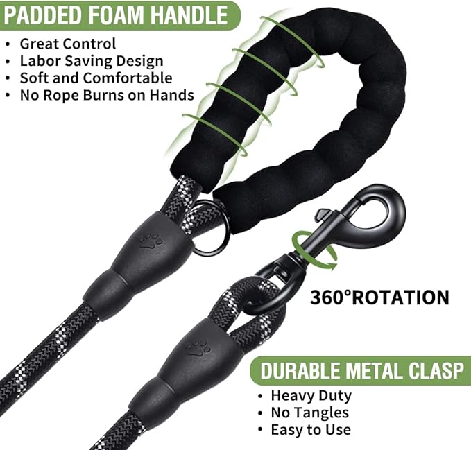 COOYOO 2 Pack Dog Leash 5 FT Heavy Duty - Comfortable Padded Handle - Reflective Dog Leash for Medium Large Dogs with Collapsible Pet Bowl